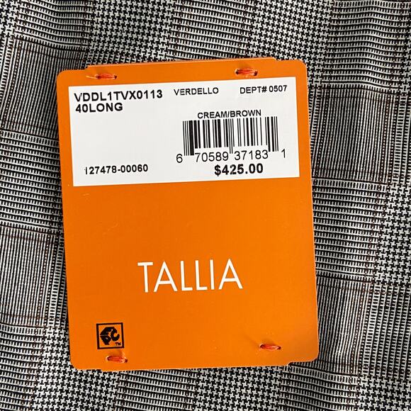 Tallia Men's 40 Long Suit Jacket Stretch Wool Blend Cream/Brown Plaid NEW - Picture 9 of 10